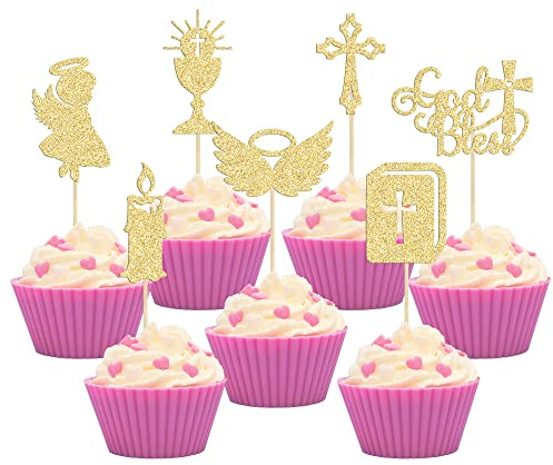 Gyufise 28 adornos para magdalenas con purpurina dorada para niñas, bautizo, ángel, cáliz, cruz de la Biblia, palillos para cupcakes, fiesta, suministros de decoración de pasteles