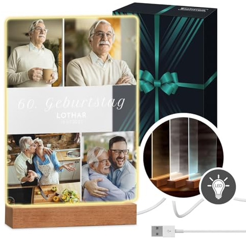 Maverton beleuchteter LED-Rahmen mit Holzständer - personalisiertes Acryl Glasbild mit eigenem Foto mit LED-Beleuchtung - Glasfoto für Männer zum Geburtstag - Größe: 21x32x4,5cm - 60. Geburtstag
