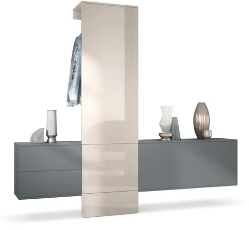 Vladon Garderobe Carlton Set 1, Made in Germany, Flur-Garderobe aus Deko-paneel, Schubladen-Kommode & Schuhschrank, Anthrazit matt/Sandgrau Hochglanz (209 x 193 x 35 cm)