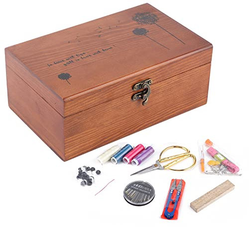Nähkästchen, Haushalts Vintage Nähkasten aus Holz, Nadelfaden Aufbewahrungskoffer, Organizer, DIY Nähwerkzeuge (Löwenzahn-Set-Box)