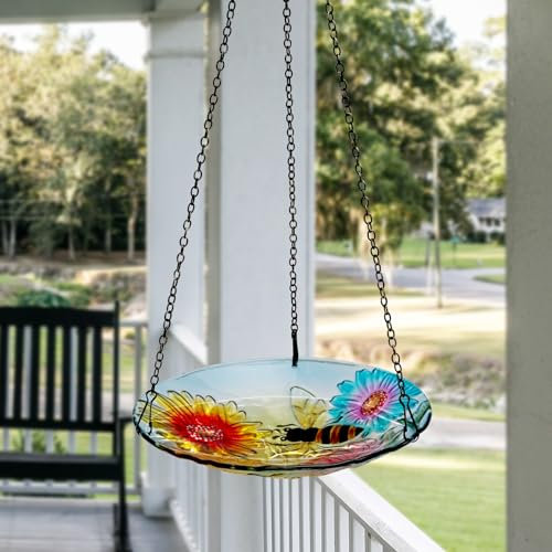 Alpine Corporation KBD126 Vogelfutterstation und Vogeltränke aus Glas, zum Aufhängen, Blumen- und Bienenschale mit Kette, 25,4 cm breit