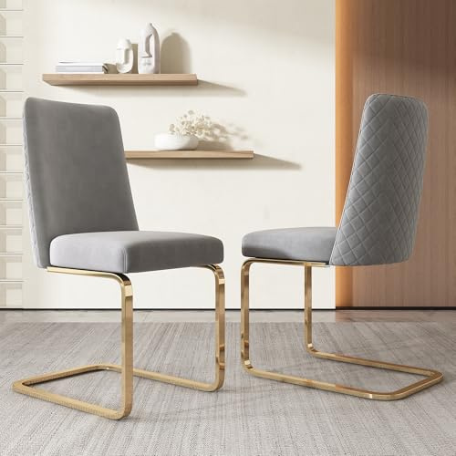 Merax Schwingstuhl 2er-Set, Samt Esszimmerstühle mit Metall-Stützbeinen, bequemer Freischwinger Stühle für Wohnzimmer, Schlafzimmer, Samt, Grau & Gold