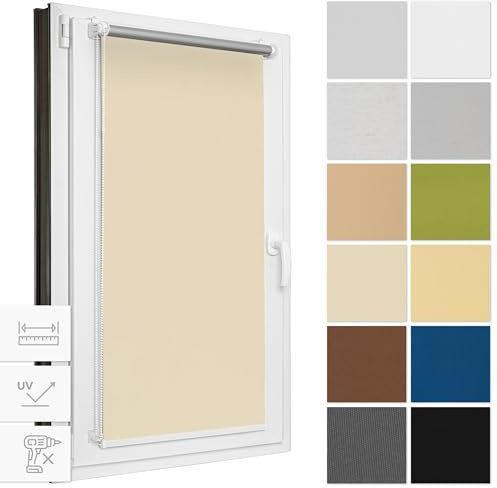 Estika Verdunklungsrollo ohne Bohren, Breite alle 1 cm - 80 cm x 120 cm - Ecru - Thermorollo, Rollos für Fenster ohne Bohren, Sonnenschutz Fenster innen