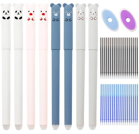 8Pcs 0.38mm löschbare Stifte mit 40Pcs Nachfüllungen, KUAOOAUK Niedliche Tier Stifte, Cartoon löschbare Gel Stifte mit 2Pcs Radiergummi für Schule Büro Student Erwachsene Kinder Schreibwaren (Schwarz,