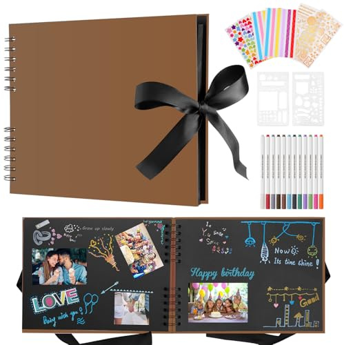 DazSpirit Album Photo à Personnaliser, Scrapbooking DIY, 80 Pages Noires | Avec 12 Stylos Métalliques et 8 Autocollants Photo, Jusqu’à 420 Photos pour Scrapbooking, Album Souvenir et Journal Créatif