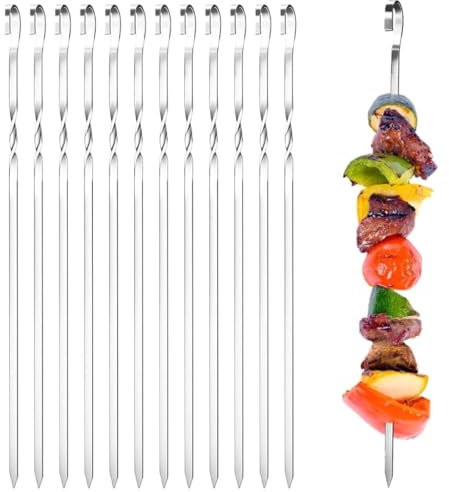 YIAGUN Lot de 12 brochettes de barbecue réutilisables en acier inoxydable de 38 cm, passent au lave-vaisselle, pour barbecues en plein air, réunions de famille (12 pièces)