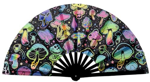 HENGBIRD Éventail à main pliant, Grand éventail pliable en bambou, Décoration Chinoise Sauna, éventail Mariage, Clack Main Fan Motif Champignon Ventilateur LED Pliable à Main éventail Pliable