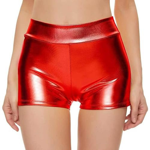 Damen Metallic Hotpants Karneval Lack Glänzende Shorts Eng Anliegende Sexy Hotpants Pole Dance Shorts Wet Look Rave Party Hot Pants PU Leather Kurze Hose 80er Neon Shorts Kurze Leggings (03-Red, M)