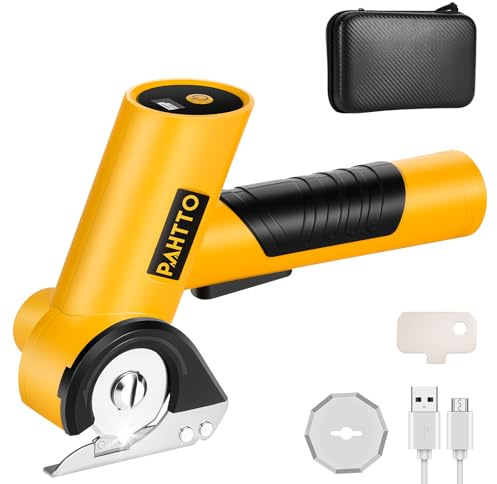 PAHTTO Cesoie elettriche Taglierina per cartone 4V, cesoie universali con display LED, taglierina rotante con lama di ricambio e caricatore, per cartone, pelle, cartoncino, moquette, plastica