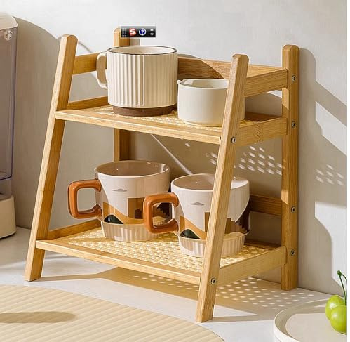 CHEXIY Köksbord kryddställ, hushåll 2 nivåer mugg förvaring, skåp kaffekopp, mugg asfalthylla, enkel bambu blomhållare bokhylla (träfärg, S)