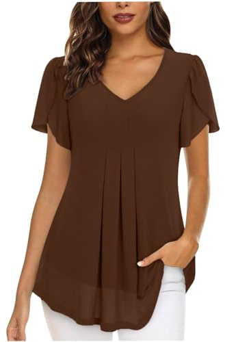 Camiseta Mujer Gasa Manga Corta Camisa Blusa Elegante Casual Verano Color sólido Cuello en V Moda Volante Suelto Túnica Tops Fiesta T-Shirt Oficina Cómodo Basic tee Camisetas