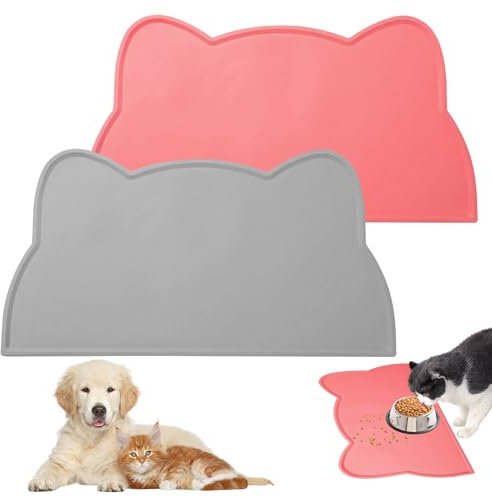 2 Stück Silikon Futtermatten für Katzen, 44 X 25.5 cm Napfunterlage Katze mit Rand, Anti-Rutsch Haustier Fütterung, Topflappen Futterunterlage Hund, für Hunde, Katzen, Kaninchen (Rosa, Grau)