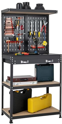 HOMFME Work Bench with Pegboard, Metal Garage Workbench with 13 Hanging Accessories, 2 Drawers, Heavy Duty Tool Storage Workstation for Warehouse Workshop, 290kg Capacity (Black + Red, 81x41x156cm)