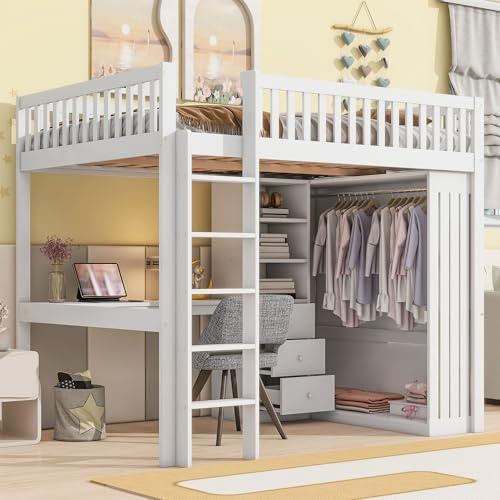 HYUB Hochbett 140x200 cm mit Schreibtisch und Kleiderschrank, Etagenbett Einzelbett mit 3 Schubladen und Offener Stauraum, Stauraumbett mit Lattenrost und Rausfallschutz, Weiß