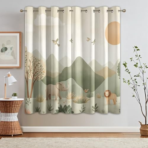 Vorhang Safari Kinderzimmer Blickdicht, Vorhänge Cartoon Löwe Elefant, Fenster Gardinen Schlafzimmer Wohnzimmer, Verdunklungsvorhänge mit ösen, Thermovorhang, 2er Set Curtains, H 137 x B 117 cm vSu193