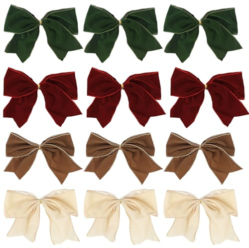 AYYDS 12 Stück Weihnachtsschleifen aus Samtband, Schleifen Weihnachtsbaum, 4 Farben Weihnachten Schleifen für Weihnachtskranz Geschenke Deko, Weihnachtsbaumschmuck