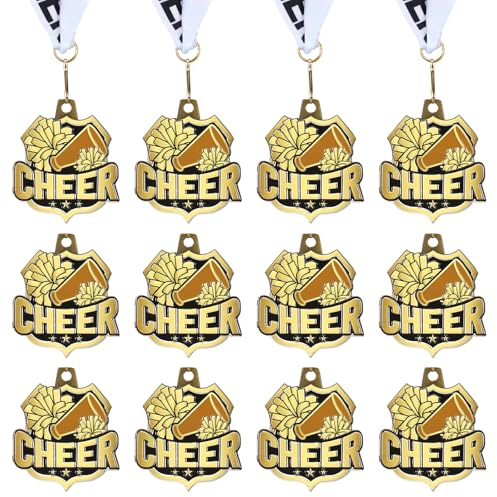 Ecation 12 PCS Cheer Medals 2 Inch Cheerleading Awards Baseball Metal Medals Gold Cheer Volleyball Medal Football Basketball Soccer Sports Award with Neck Ribbon for Kids