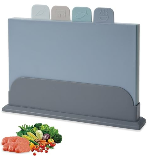 Tabla de Cortar, Juego de 4 Tablas de Cortar, Soporte Tablas de Cocina Multiusos, Juego de Tablas de Cortar de Colores, Antideslizante y Apta Para Lavavajillas