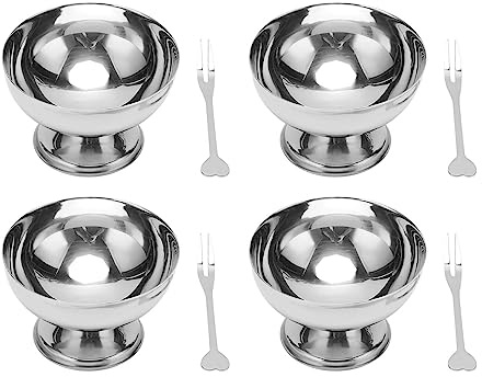 Aramox Bowl de Helado, Acero Inoxidable, 4 Piezas | Utensilio de Cocina, Resistente a la Corrosión, Incluye Horquillas, para Postre y Ensalada, Ideal para Hogar y Restaurante