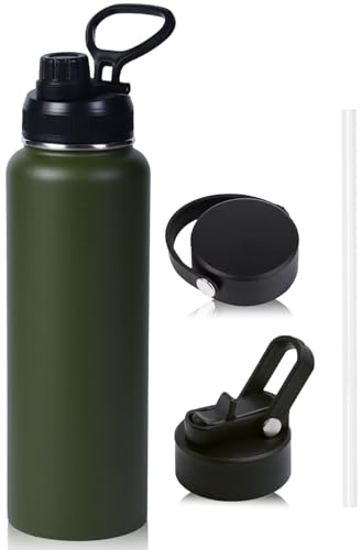 Insulated Water Bottle, 650ml Stainless Steel Water Bottle with 3 Lids (Straw Lid & Spout Lid & Flat Lid), Double-Walled Vacuum Bottles Leakproof Drink Flask for Travel Sports Gym Hiking (Army Green)