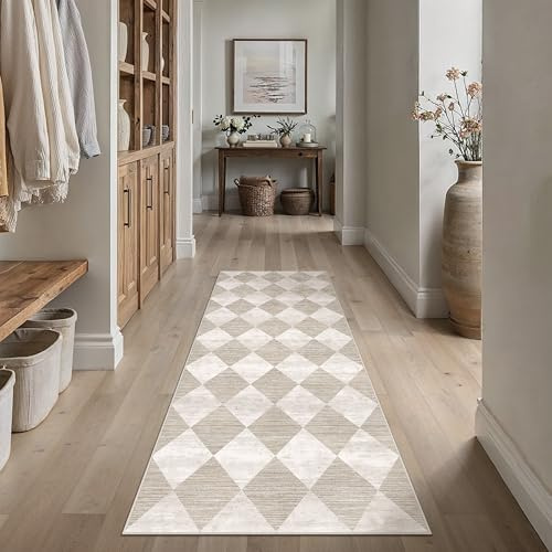 PureCozy Tappeto Corridoio Lungo Tappeti 60x180cm Beige Lavabile in Lavatrice Antiscivolo Corridoio Rug Moderno Geometric Rombo Carpet Camera da Letto Cucina Interno Lungo Carpets Pelo Corto Rugs