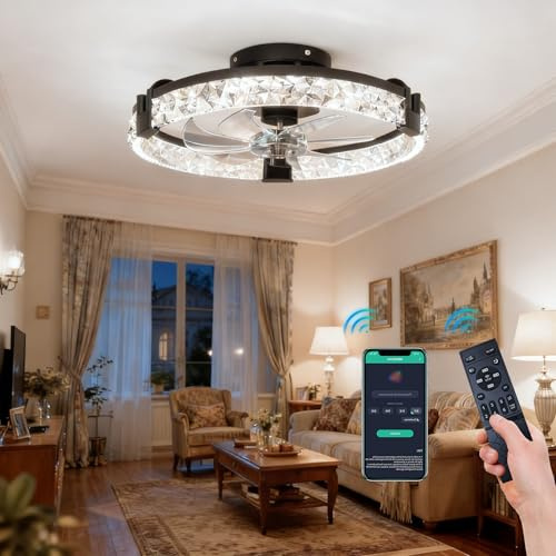 Modern Smart LED Ceiling Fan Light，50cm Ceiling Fans with Lights and Remote, 6 Speeds and 3000K-6500K Dimmable Quiet Fan Ceiling Lights for Bedroom Living Room Dining Room