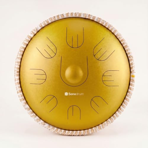 Sonodrum Handpan Hybrid - Zungentrommel/Steel Tongue Drum in D-Kurd - die handgefertigte Handpan-Alternative, 35,5 cm, 9 Töne, Gold - inkl. Tasche, Schlägel & Liederbuch