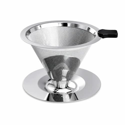 Reusable Pour Over Coffee Dripper, 304 Stainless Steel Paperless Drip Coffee Filter Cup with 4 Holes, Double-Layered Permanent Filter for Home & Office