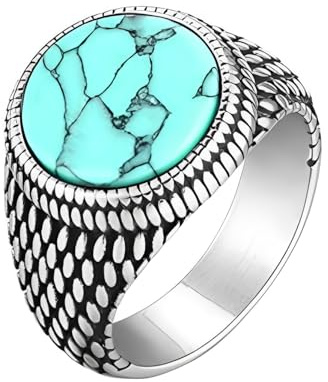 Vintage Stone Signet Ring for Men Women, Antique Silver Stainless Steel Statement - Thumb Knuckle Band, Comfort Fit Retro Biker Jewellery, Black Agate Tiger Eye Turquoise Gift (Turquoise, US8=Q)