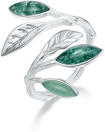 Lotus Fun Silver Marquise Shape Jade Aventurine Open Leaf Ring Olive Leaf Ring Handmade Jewelry Unique Gifts for Women Mother Mom Wife