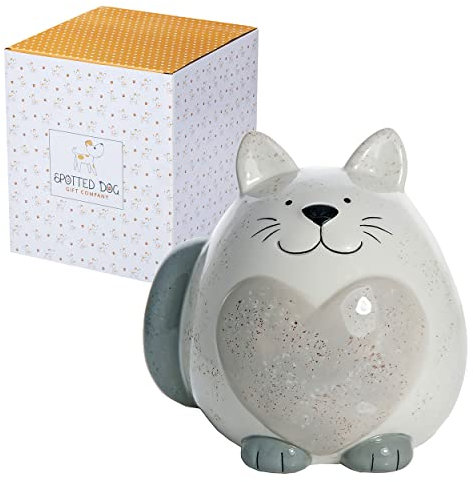 SPOTTED DOG GIFT COMPANY Spardose Kinder aus Keramik, Sparschwein mit Katzenmotiv für Mädchen Jungen Erwachsene, Niedliche Sparbüchse, Geschenke für Katzenliebhaber Katzenmama, Weiß