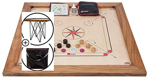 Großmeister Carrom Board Set 16kg - Wettkampf-Hartholz Qualität - Komplettes Set mit Offiziellen Scheiben (Carrom mit Tisch und Tasche)
