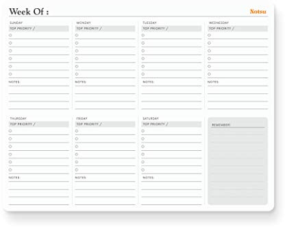 Notsu Weekly Planner Notepad | Sunday Start Weekly Calendar Pad Tear Off, 50 Undated Pages