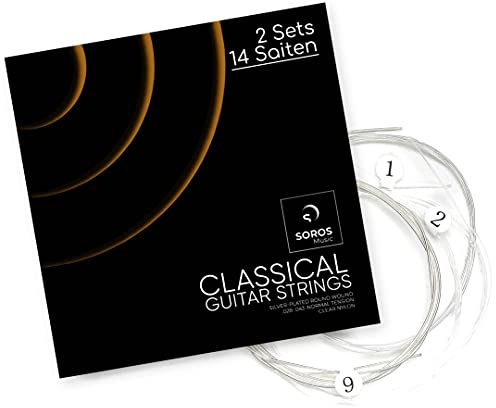 SOROS Gitarrensaiten Konzertgitarre - 2er Set - Nylon Saiten für klassische Gitarre, Akustikgitarre (14 Saiten-Set) - Inkl. Ersatz-Set