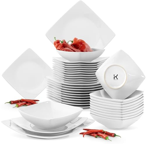 KONSIMO EPIRI Geschirrset 6 Personen, 18-teiliges Tafelservice aus Steinzeug – Modernes Teller Set mit Speisetellern, Frühstückstellern & Schalen Geschirr Set (Weiß, für 12 Personen)