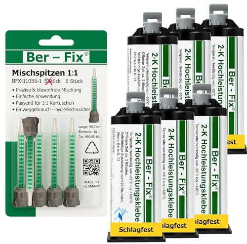 Ber-Fix Hochleistungskleber 2K MMA 3 Min 6x50g + 6 Düsen ohne Pistole | Hochleistungskleber 3 Min als 6x50g-Kartusche; passende Dosierpistole erforderlich, aber nicht enthalten.