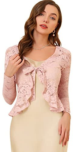 Allegra K Damen Spitzenbolero Langarm Bolero Durchsichtig Rüschensaum Crop Blumen Shrug Rosa XL