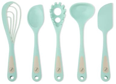 Prepdeck - Set da cucina in silicone da 5 pezzi - Capovolgi, mescola, frusta, paletta, filtra, raschia e misura - Strumenti di cottura a doppia funzione - Silicone resistente al calore - Sicuro per