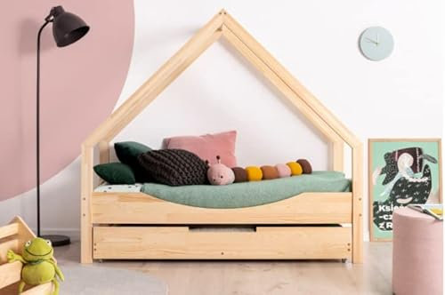 ahoj baby Hausbett mit Schublade für Kinder, Montessori-Hausbett, solides handgefertigtes Bett für Kleinkinder, Kinderbett, Bettrahmen, Cottage-Bett, Kleinkinderbett (100x180)
