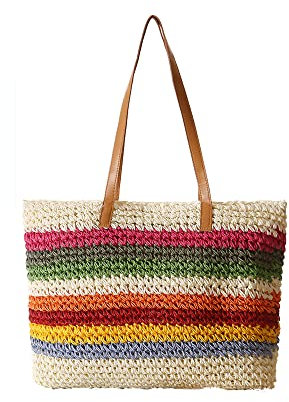 Hixingo Strohtaschen Damen, Sommer Groß Kapazität Strandtasche Stroh Totes Taschen, Boho Strand Gewebte Tasche Frauen Schultertaschen, Strohsack für Reisen, Urlaub (Weiß,50X30x26CM)