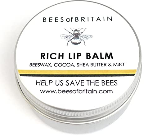 BEES of BRITAIN - 100% Natural Lip Balm - Shea, Cocoa Butter, Beeswax, Mint. Repairs, Soothes, Hydrates. We Donate 5% of our Profit to Save Bees + Pollinators. 30ml