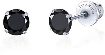 Limerencia Pendientes Titanio para Mujer Hombre, Cierre de Rosca Pendientes Antialergicos Doble Cara de Circonio Cúbico para Orejas Sensibles (5mm, Negro)