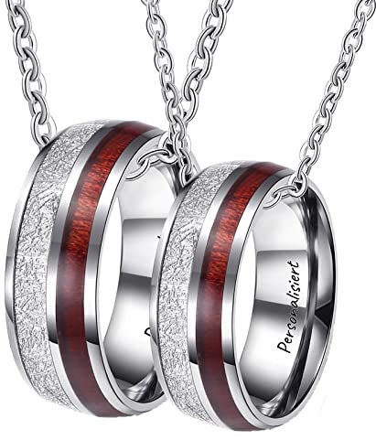 Preis für 2 Partner Ketten Edelstahl, Silber Partnerketten für Sie und Ihn mit Ring Anhänger 8MM Kohlefaser Holz für Damen Herren, Frau 50cm Mann 60cm, Größe Damen 54 Herren 62