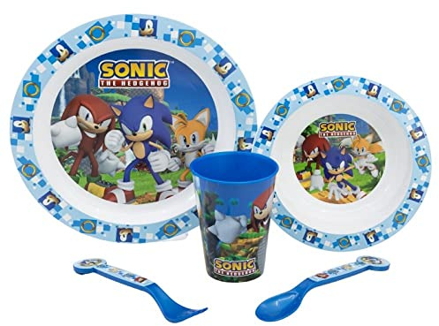 Sonic Cartoon Character Dinner Tableware Set 5pcs Plate, Bowl, Cup & Cutlery, BPA Free re-usable Plastic Microwave Safe (Sonic)