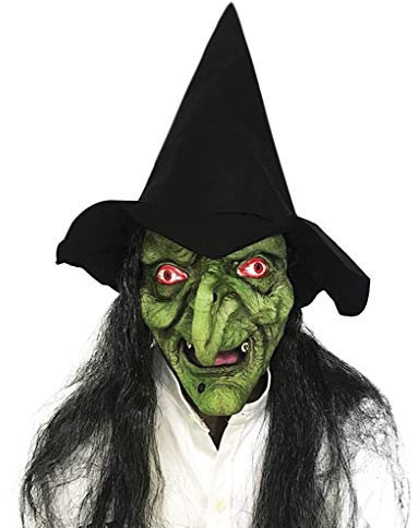FakeFace Alte Hexenmaske Halloween Maskerade Schaum Goblin Maske Gruseliges grünes halbes Gesicht Adlernasen-Zauberer-Maske für Cosplay-Kostüm (Vollgesichtsmaske mit Hut)