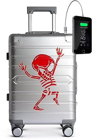 TOKYOTO Valise Cabine Aluminium Argentée avec USB Rigide Valise Moderne pour Voyager Jeunes Adolescents Roues Doubles Serrure TSA 55x35x20 Trolley Bagage Cabine à Main 55x40x20 cm Silver Skull