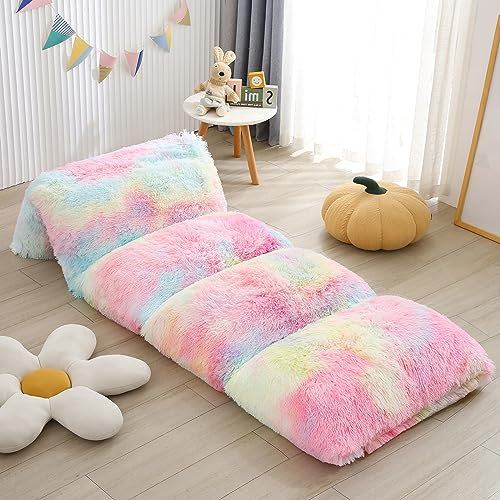 ZIQINPSQ Fleece Floor Pillow Case, Mattress Bed Lounger Cover, Faux Fur Tie Dye Pillow Bed Floor Lounger Cover, Recliner Floor Pillow for Girls Boys, Requires 5 Pillows (King, Pink)