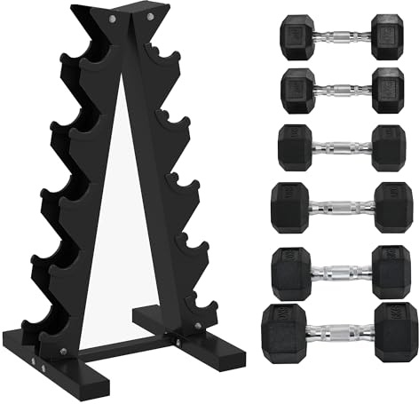 SPORTNOW 5-Tier Dumbbell Rack with 6 Hexagonal Rubber Dumbbells (2x4kg, 2x5kg, 2x6kg), Dumbbell Storage Stand Holder with Weights Sets for Home Gym Fitness, Black