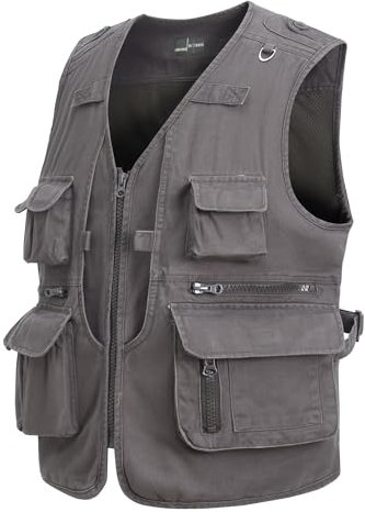 MeiLayM Herren Outdoor Weste Anglerweste mit Multi-Taschened Sommer Freizeit Baumwolle Weste Hundeweste Leicht Safari Weste Fotografie Weste Camping Wandern Ärmellos Jacke Grau,XXL