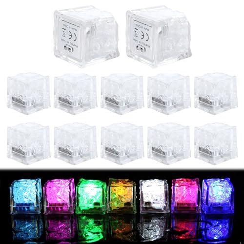 12 luces LED de cubitos de hielo, multicolor con sensor de líquido, cubos de hielo con luz de neón,cubos de hielo alimentados Cubitos de Hielo LED Decoración para festival hotel bar boda fiesta